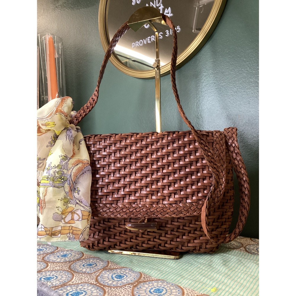 L.J.S Collection Vintage Woven Leather Shoulder Bag Cognac Brown Boho Scarf